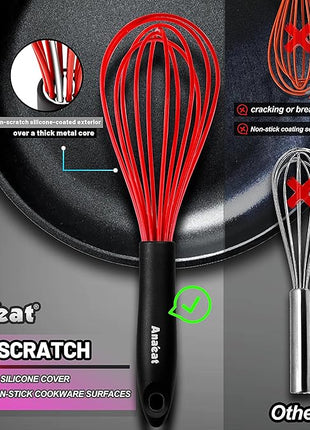 Anaeat Silicone Kitchen Whisk Set of 4, Perfect for Non-Stick Cookware, Milk and Egg Beater Blender for Whisking, Cooking, Baking, Beating - 11'' Flat Whisk and 8.5''+10.5''+12'' Balloon Whisks (Red)
