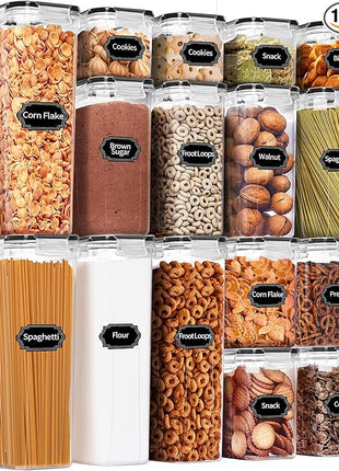 PRAKI Airtight Food Storage Containers Set, 16 Pcs BPA Free Plastic Dry Food Canisters for Kitchen Pantry Organization and Storage Ideal for Cereal, Flour & Sugar - Labels, Marker(Black)
