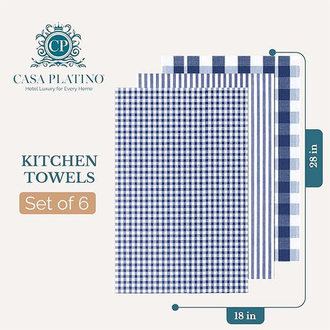 Casa Platino 6PC Kitchen Towels for Washing Dishes, 100% Cotton 18"x28" Kitchen Towels, Super Absorbent, Designed for Rustic Kitchens, Guest Cooking, or Tea-Time Setups – Blue