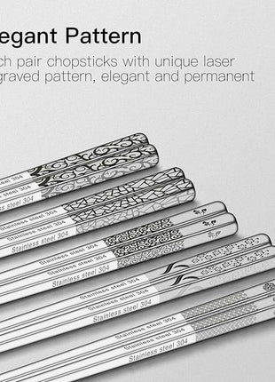 Metal Chopsticks Reusable 18/8 Stainless Steel Chopsticks Multipack Dishwasher Safe Chop Sticks Cute Laser Engraved Non-slip Japanese Korean Chopstick for Cooking Eating 9 1/4 Inches 5 Pairs Gift Set