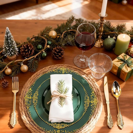 Nervure 350PCS Green Plastic Plates - Green Gold Plastic Dinnerware Sets for 50 Guests - 100 Disposable Plates, 150 Gold Silverware, 50 Cups, 50 Napkins Perfect for Wedding & Party