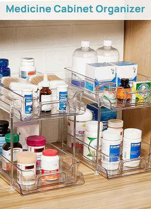 Vtopmart 4 Pack 2 Tier Bathroom Under Sink Organizers and Storage, Clear Kitchen Pantry Organization, Pull Out Medicine Cabinet Organizer with Movable Dividers