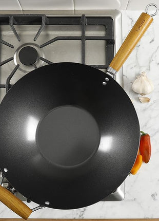 Kenmore Hammond 14-Inch Flat Bottom Carbon Steel Wok, Black, Durable Non-Stick Stir Fry Pan for Gas and Electric Stovetops