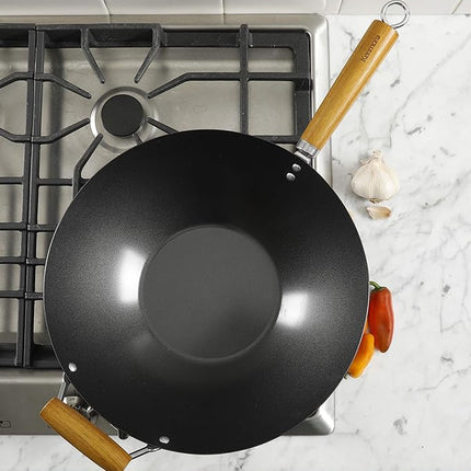 Kenmore Hammond 14-Inch Flat Bottom Carbon Steel Wok, Black, Durable Non-Stick Stir Fry Pan for Gas and Electric Stovetops