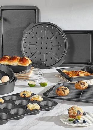 HONGBAKE Bakeware Sets, Baking Pans Set with Kitchen Utensils, Nonstick Oven Pan with Wider Grips, 17 Pieces Including Rack, Cookie Sheet, Cake, Loaf, Muffin, Pizza Pan