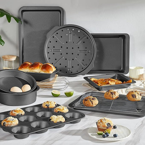 HONGBAKE Bakeware Sets, Baking Pans Set with Kitchen Utensils, Nonstick Oven Pan with Wider Grips, 17 Pieces Including Rack, Cookie Sheet, Cake, Loaf, Muffin, Pizza Pan