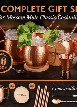 Moscow Mule Mugs - 100% Pure Copper for Drinking Beverages with Moscow Mule Cups Set of 4-16 oz Mugs, 4 Straws, 4 Coasters, Stirring Spoon, Shot Glass, Brush & Pure Copper Cup Gifts for Him