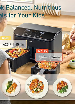 COSORI Dual Air Fryer 9Qt – 10-in-1, Fresh Balanced Meals for Family and Children with Double Baskets, Sync Cook & Finish to Bake, Roast, Reheat, Broil & 130 Recipes for Easy Cooking, Dishwasher Safe
