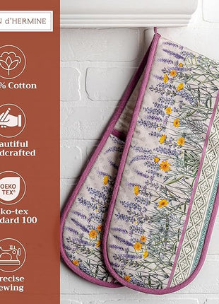 Maison d' Hermine Double Oven Mitts 100% Cotton 7"x35" Double Oven Mitt Heat Resistant BBQ Cooking Gloves with Loop, Baking, Grilling, Home, Kitchen, Handling Hot Pans Spring Summer (Fanny Lavender)