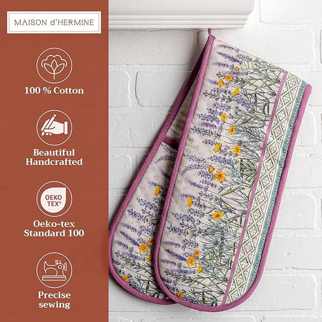 Maison d' Hermine Double Oven Mitts 100% Cotton 7"x35" Double Oven Mitt Heat Resistant BBQ Cooking Gloves with Loop, Baking, Grilling, Home, Kitchen, Handling Hot Pans Spring Summer (Fanny Lavender)
