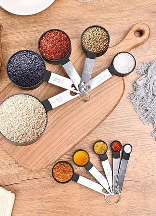 Measuring Cups and Spoons Set, 10 Pieces Nesting Measure Tools, Kitchen Essentials Gadgets with Stainless Steel Handle for Dry & Liquid Ingredient, Black