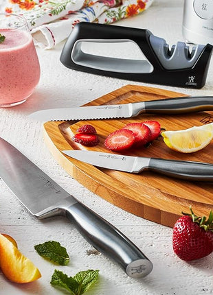 HENCKELS Graphite 4-pc Starter Knife Set, 8" Chef Knife, 5-in. Serrated Utility, 3-in. Paring Knife, and Handheld Sharpener