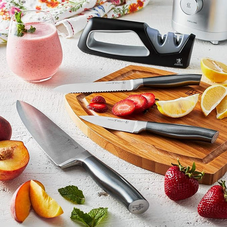 HENCKELS Graphite 4-pc Starter Knife Set, 8" Chef Knife, 5-in. Serrated Utility, 3-in. Paring Knife, and Handheld Sharpener