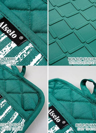 Silicone Pot Holders Set of 3 Heat Resistant & Non Slip Potholders, Professional Oven Hot Pads with Pockets Mitts for Kitchen Cooking Baking Barbecue (Emerald Green, 3)