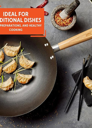 Imusa 14in Carbon Steel Nonstick Wok with Wood Handles, Black