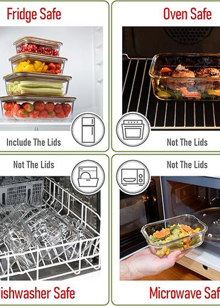 Glass Tupperware Set with Acacia Lids - 4 Stackable Meal Prep Containers. Durable heat resistant Inert Borosilicate Glass
