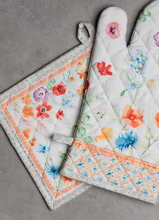 Maison d' Hermine 100% Cotton Oven Mitt & Pot Holder Set (7.5"x13" & 8"x8") Heat Resistant BBQ Cooking Gloves with Loop, Baking, Grilling, Kitchen, Handling Hot Pans Spring/Summer (Summer Whisper)