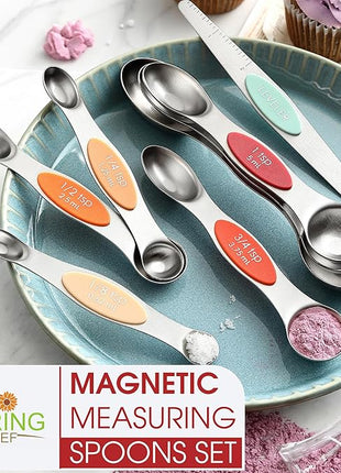 Spring Chef Stainless Steel Metal Magnetic Measuring Spoons Set of 8 with Leveler, Heavy Duty Nesting Teaspoon & Tablespoon Measuring Spoons, Kitchen Gadgets for Baking & Cooking - Desert Sunset
