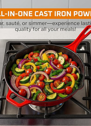 Bruntmor 12-Inch Enameled Cast Iron Skillet - Pre-Seasoned Frying Pan for Cooking, Grilling, and Baking - Smooth Nonstick Cast Iron Pan - Oven Safe and Durable Cookware for Versatile Use - Red