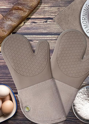 Professional Microwave Silicone Oven Mitts one Pair, Kitchen Mitten Set for Heat Resistant with 500 Degrees, Kitchen Gloves Pot Holder for BBQ Cooking Baking (Khaki)