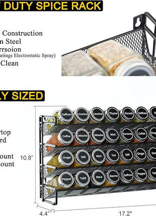 SpaceAid Spice Rack Organizer with 36 Spice Jars, 386 Spice Labels, Chalk Marker and Funnel Set for Cabinet, Countertop, Pantry, Cupboard or Door & Wall Mount - 36 Jars, 17.2" W × 10.8" H, Black