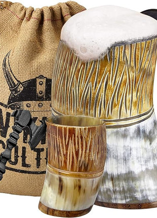 Viking Culture Ox Horn Mug, Shot Glass, and Axe Bottle Opener (3 Pc. Set) Authentic 16-oz. Ale, Mead, and Beer Tankard | Vintage Stein with Handle | Custom Intricate Design - Natural Finish | The Jarl