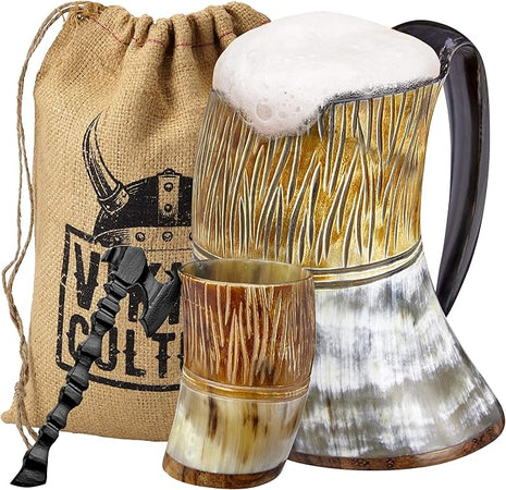 Viking Culture Ox Horn Mug, Shot Glass, and Axe Bottle Opener (3 Pc. Set) Authentic 16-oz. Ale, Mead, and Beer Tankard | Vintage Stein with Handle | Custom Intricate Design - Natural Finish | The Jarl