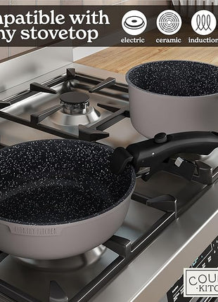Country Kitchen Cookware Set with Removable Handle, Oven & RV Safe Pots and Pans Set, Grey/Black, Original