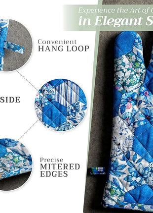 Maison d' Hermine 100% Cotton Oven Mitt & Pot Holder Set (7.5"x13" & 8"x8") Heat Resistant BBQ Cooking Gloves with Loop, Baking, Grilling, Kitchen, Handling Hot Pans Spring/Summer (Summer Blues)