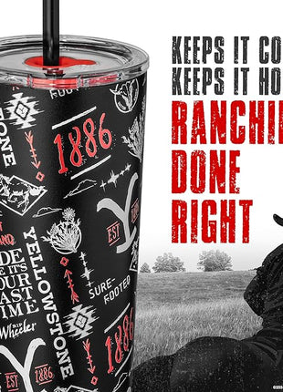 Dragon Glassware x Yellowstone Vacuum Insulated Tumbler with Lid and Straw - 24 oz Tumbler Cup with 2 Straws - Stainless Steel Tumbler with Straw for Water, Iced Tea - 1886