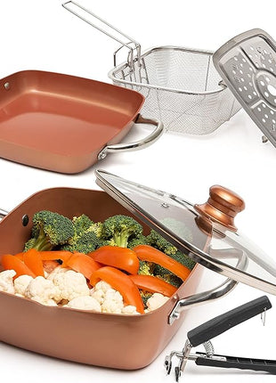 Moss & Stone 6 Pcs Copper Chef Cookware Non Stick Deep Frying Pan 9.5" x 3.5", Fry Basket, Steamer Rack, Dishwasher & Oven Safe, 5 Qt Deep Square Pot & Non Stick Pan, Induction Copper Cookware Set