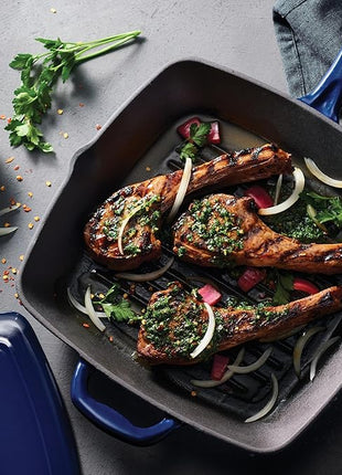 Tramontina Bestow Enameled Cast Iron Grill Pan with Press, 11-inch, Blue