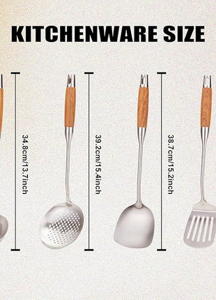 FJNATINH Wok Utensils - Wok Spatula Metal Set, 4-Pieces 14-15 Inch Extra Long, Wok Tools Professional Set, Wooden Handle Skimmer, Soup Ladle, Slotted Turner