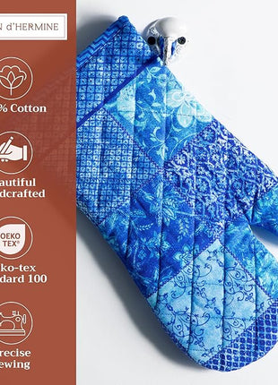 Maison d' Hermine Oven Gloves 100% Cotton Oven Mitt 7" x 13" with Loop Heat Resistant, BBQ, Cooking Gloves, Baking, Grilling, Kitchen, Handling Hot Pans Spring/Summer (Pack of 1, Indigo Love)