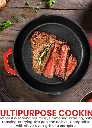 Utopia Kitchen Saute Frying Pan 12 Inch, Cast Iron Chefs Pan, Pre Seasoned Cast iron Skillet With Lid, Safe Grill Cookware for Indoor & Outdoor Use, Red
