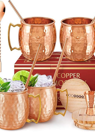 Moscow Mule Mugs - 100% Pure Copper for Drinking Beverages with Moscow Mule Cups Set of 4-16 oz Mugs, 4 Straws, 4 Coasters, Stirring Spoon, Shot Glass, Brush & Pure Copper Cup Gifts for Him