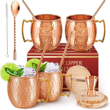 Moscow Mule Mugs - 100% Pure Copper for Drinking Beverages with Moscow Mule Cups Set of 4-16 oz Mugs, 4 Straws, 4 Coasters, Stirring Spoon, Shot Glass, Brush & Pure Copper Cup Gifts for Him