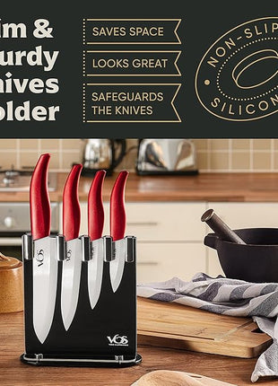Vos Ceramic Knife Set, Ceramic Knives Set For Kitchen, Ultra Sharp Kitchen Knife Set with Covers, 3" 4" 5" 6" Paring, Santoku, Chef Knife & Utility, Lightweight, Dishwasher safe (Red with Block)