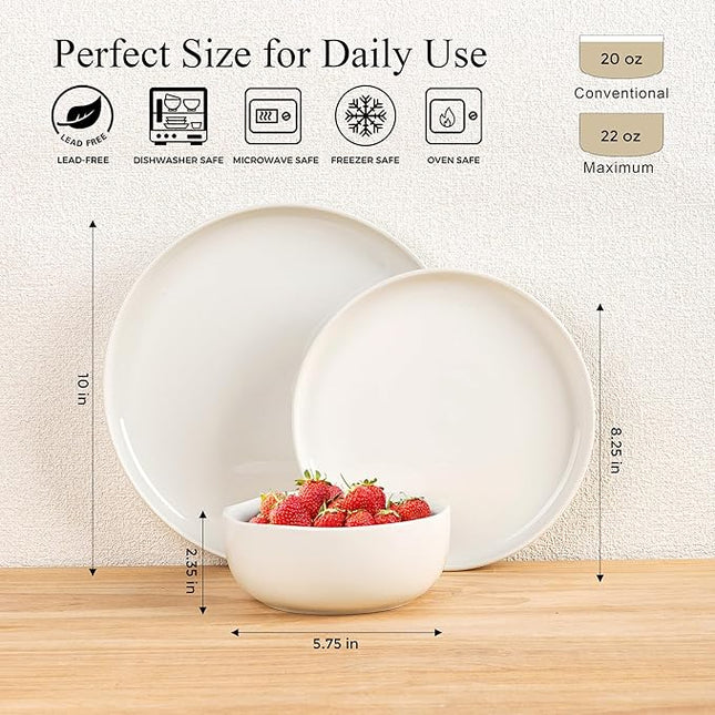 Ceramic Dinnerware Sets for 4,Handcraft Wavy Rim Stoneware Plates and Bowls Sets,Highly Chip and Crack Resistant | Dishwasher & Microwave & Oven Safe Dishes set,Service for 4 (12pc)-White &Wave