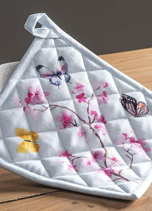 Maison d' Hermine 100% Cotton Oven Mitt & Pot Holder Set (7.5"x13" & 8"x8") Heat Resistant BBQ Cooking Gloves with Loop, Baking, Grilling, Kitchen, Handling Hot Pans Spring/Summer (Blossoms In Spring)