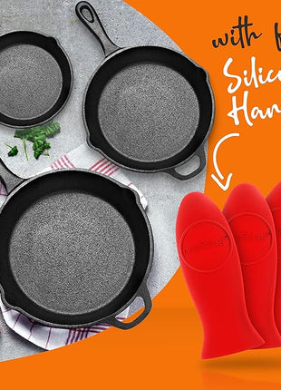 NutriChef 3pc Cast Iron Skillet Set - Nonstick Pans with Drip Spout, Silicone Handles, For All Cooktops