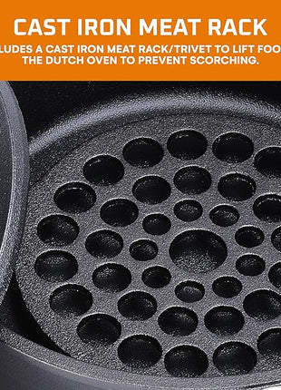 Bruntmor 5 Qt Camp Dutch Ovens Set - Black: Experience high-performance cooking with this versatile and durable 3-piece set, including a pot, lid, and 9" meat rack/trivet. - 13 x 13 inch