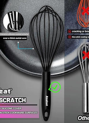 Anaeat Silicone Kitchen Whisk Set of 4, Perfect for Non-Stick Cookware, Egg Beater Milk Blender for Whisking, Cooking, Baking, Beating - 11'' Flat Whisk and 8.5''+10.5''+12'' Balloon Whisks (Black)