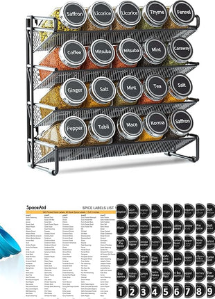 SpaceAid Spice Rack Organizer with 20 Spice Jars, 386 Spice Labels, Chalk Marker and Funnel Set for Cabinet, Countertop, Pantry, Cupboard or Door & Wall Mount - 20 Jars, 9.8" W × 10.8“H, Black