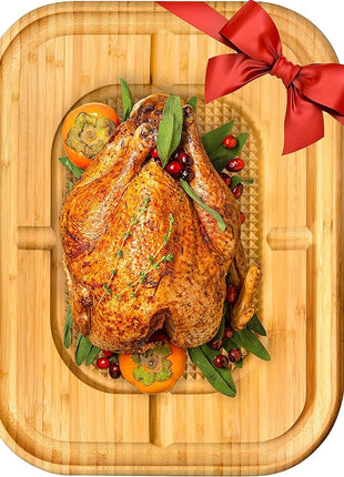 Turkey Platter for Thanksgiving - 18x12 Reversible Bamboo Carving Cutting Board for BBQ or Grilling - Heavy Duty Butcher Block with Deep Juice Groove, Spikes, Grid Grip - Large Kitchen Christmas Gift