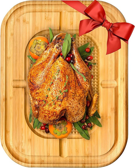 Turkey Platter for Thanksgiving - 18x12 Reversible Bamboo Carving Cutting Board for BBQ or Grilling - Heavy Duty Butcher Block with Deep Juice Groove, Spikes, Grid Grip - Large Kitchen Christmas Gift
