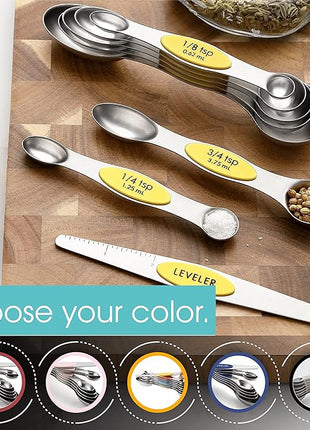 Spring Chef Magnetic Measuring Spoons Set, Dual Sided, Stainless Steel, Fits in Spice Jars, Yellow, Set of 8, 2 Pack