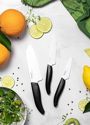 Kyocera Advanced Ceramics – Revolution Series 3-Piece Ceramic Knife Set: Includes 6-inch Chef's Knife; 5-inch Micro Serrated Knife; and 3-inch Paring Knife; Black Handles with White Blades