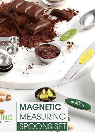 Spring Chef Multicolor Stainless Steel Magnetic Measuring Spoons Set of 8 with Leveler, Nesting Metal Teaspoon & Tablespoon Measuring Spoons, Kitchen Gadgets for Baking & Cooking - 2 Pack