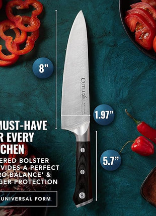 Cutluxe Chef Knife – 8" Kitchen Knife, German High Carbon Steel, Full Tang, Ergonomic Handle Design, Sheath Included – Artisan Series